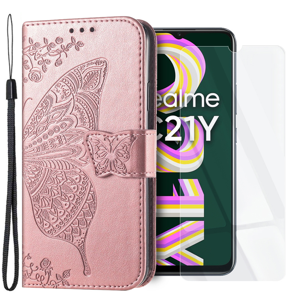 Realme C21y / C25y Flip Case Set, Schmetterling, Roségold + Glas