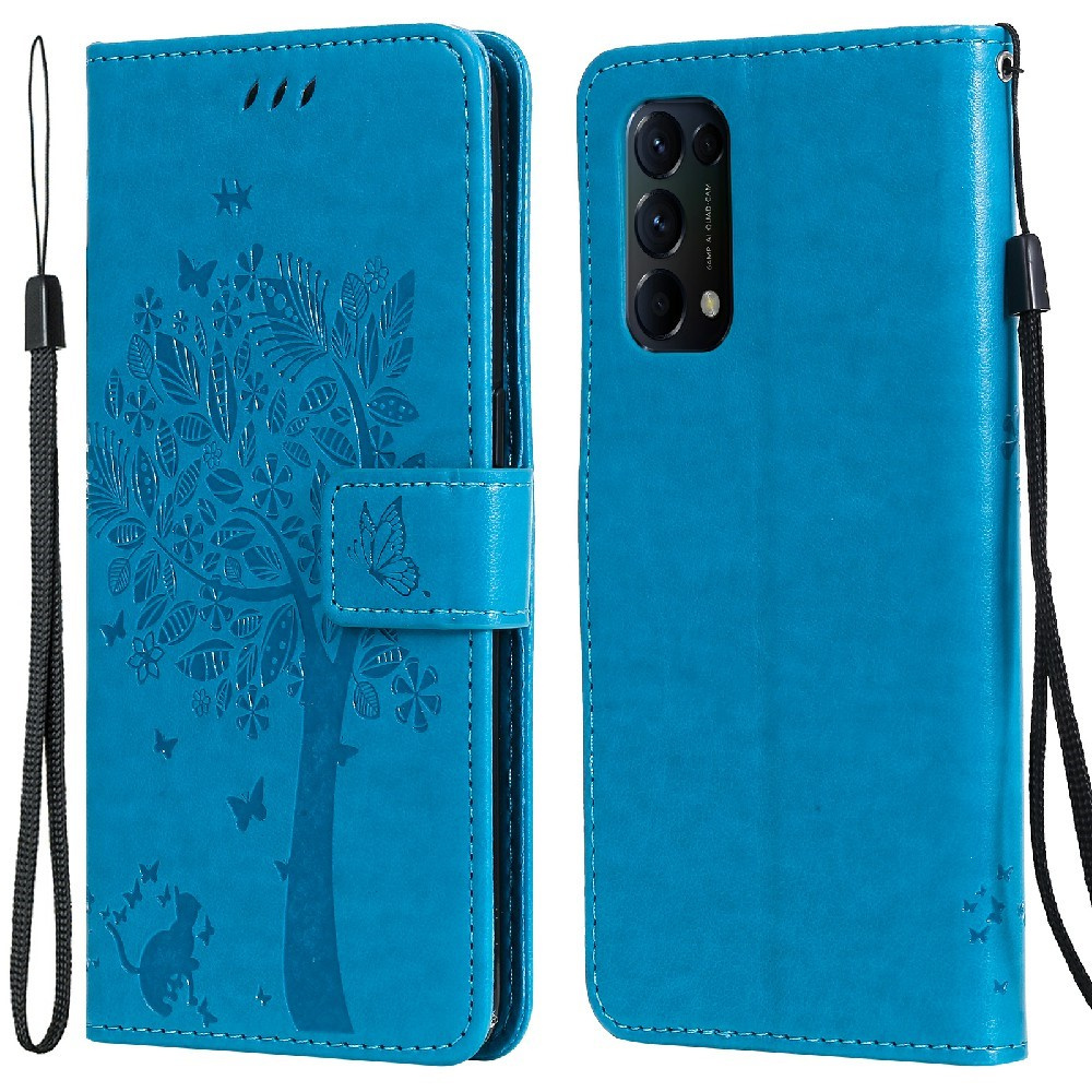 Brieftaschenhülle Für Oppo Reno5 5g, Baum- Und Katzenmotiv, Blau