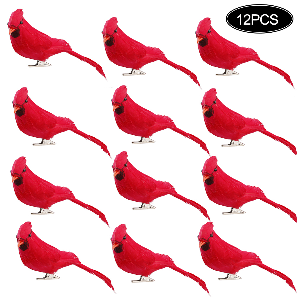 12 Künstliche Rote Vögel, 14 X 4 X 6 Cm, Lebensechte, Auffällige Schaumstoff-clip-ornamente Für Weihnachten
