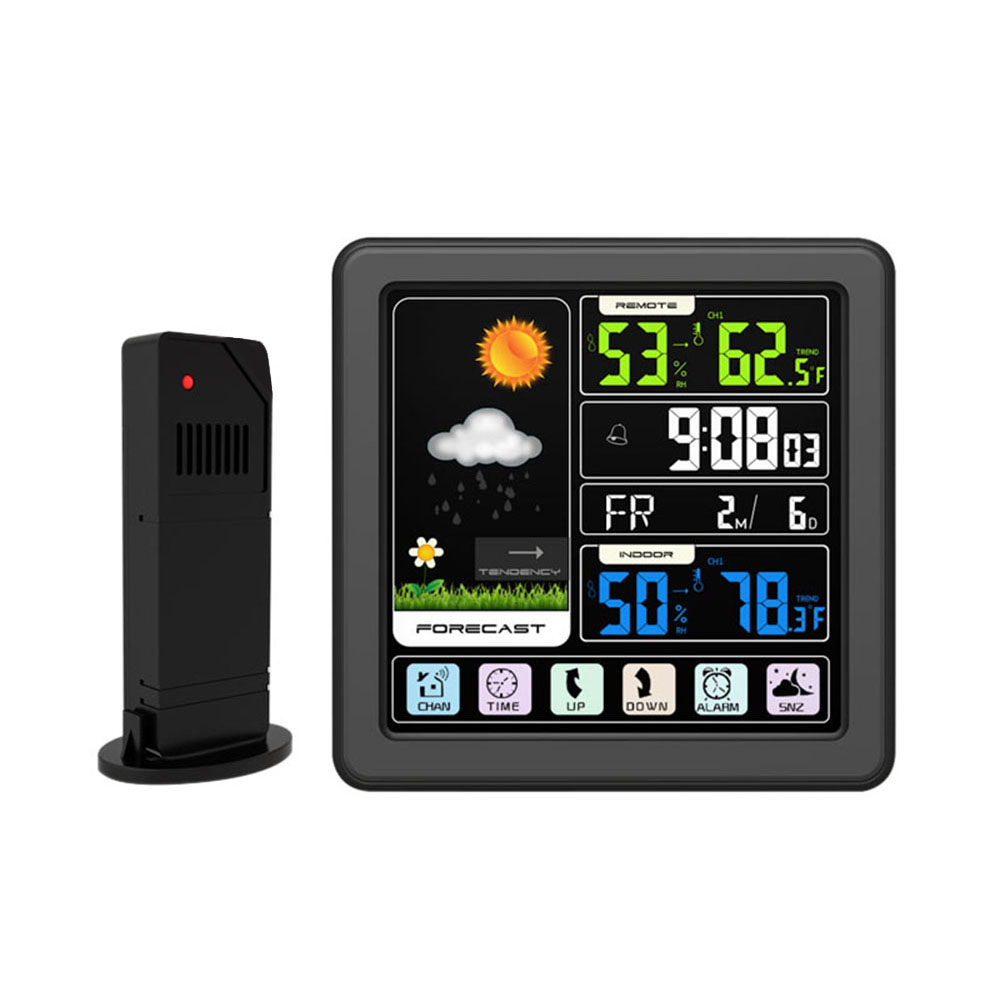 Kabellose Wetterstation Mit Touchscreen-farb-lcd-bildschirm, Wecker, Innen- Und Außenthermometer, Hygrometer, Usb-anschluss Und Schlummerfunktion – Schwarz