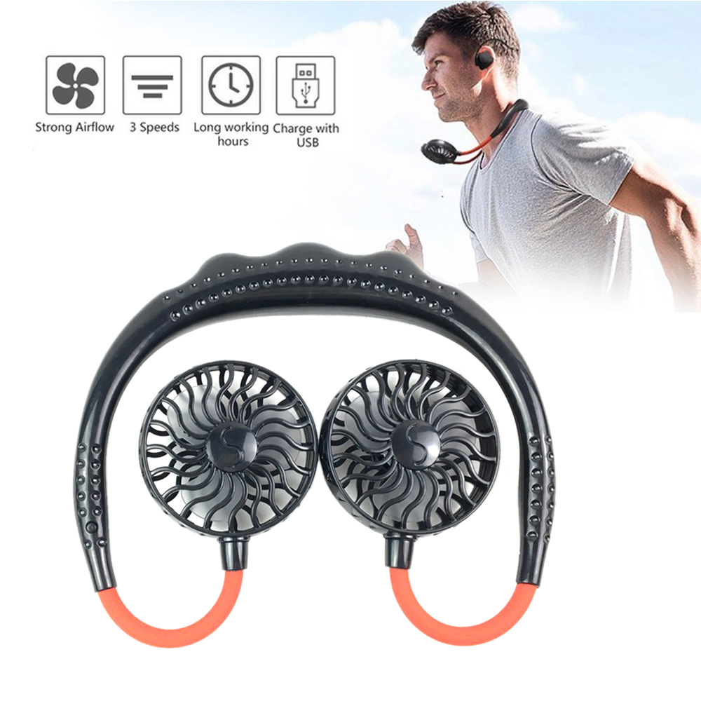Wiederaufladbarer, Tragbarer Ventilator Mit Usb-anschluss Für Zuhause, Büro Und Sport – Mini-ventilator Mit Zwei Köpfen, Tragbar Und Freihändig, Nackenbandventilator