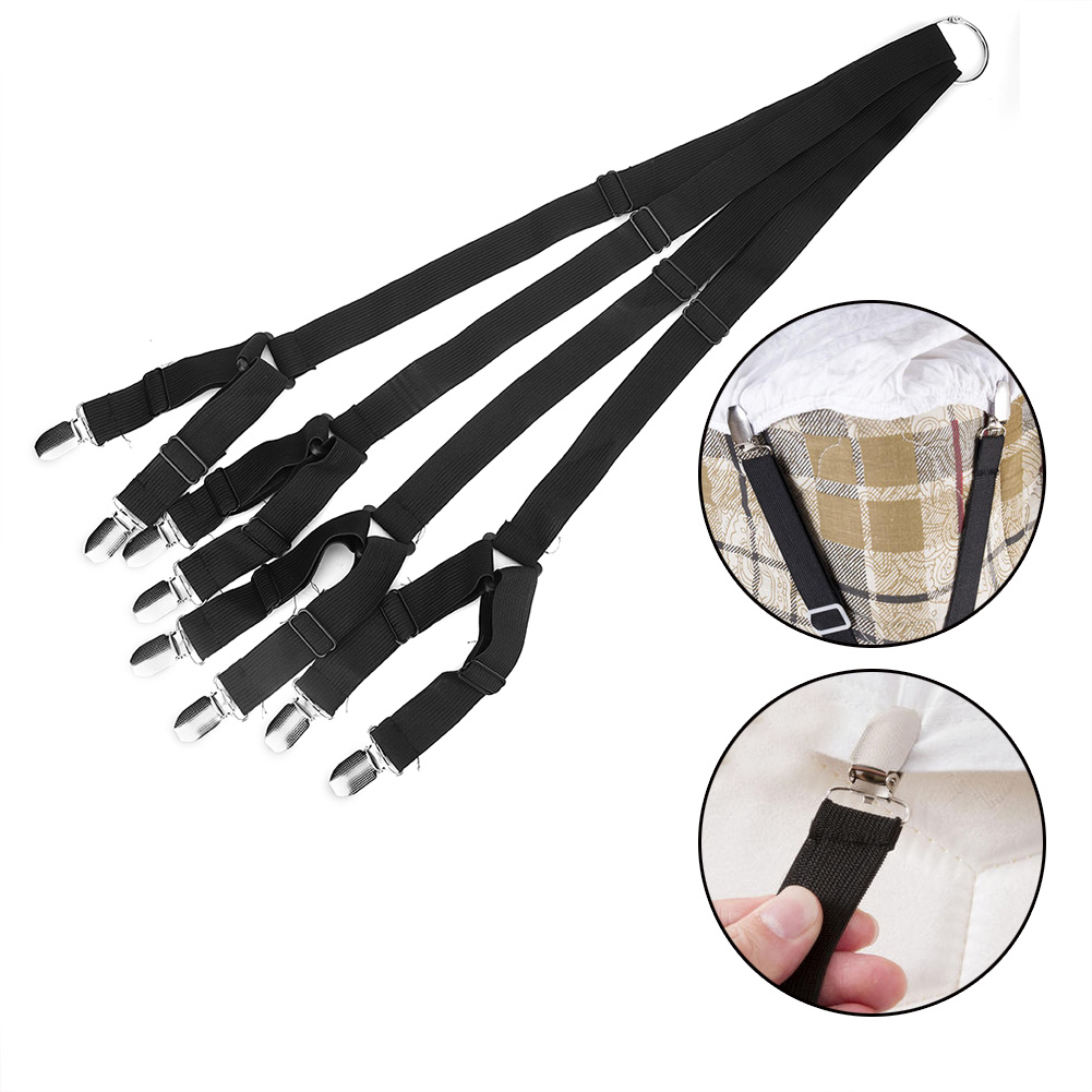 Bettlakenhalter Mit Rutschfester Befestigungsschnalle, Verstellbaren Elastischen Bändern Und 8 Clips (schwarz)