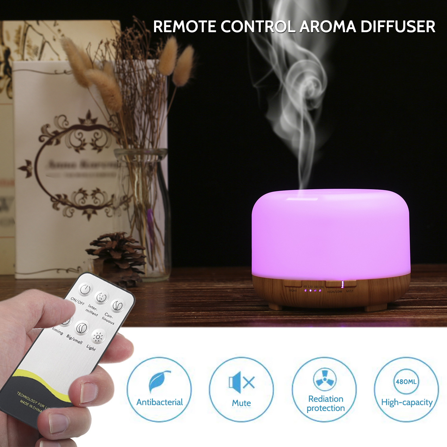 480-ml-ultraschall-luftbefeuchter Mit Aromadiffusor, Fernbedienung, Farbiger Beleuchtung, 4-stufiger Timer-funktion – Ideal Für Yoga, Entspannung, Büro, Zuhause, Schlafzimmer, Wohnzimmer, Arbeitszimme