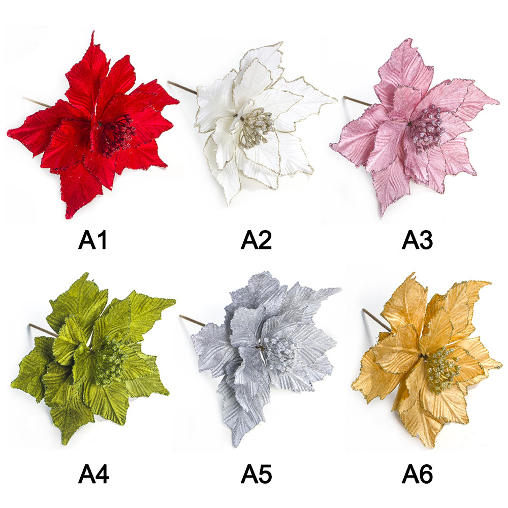 12 Künstliche Weihnachtssternblumen Mit Glitzer, Baumschmuck Im A-stil, Rote Staubgefäße