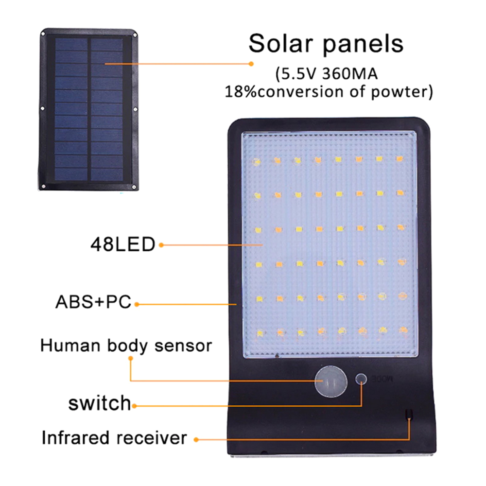 Solarbetriebene Wandleuchte Mit 48 Leds, Pir-bewegungsmelder, Fernbedienung, Ip65-wasserbeständig, Für Den Außenbereich, Geeignet Für Terrasse, Gartenweg Und Garten.