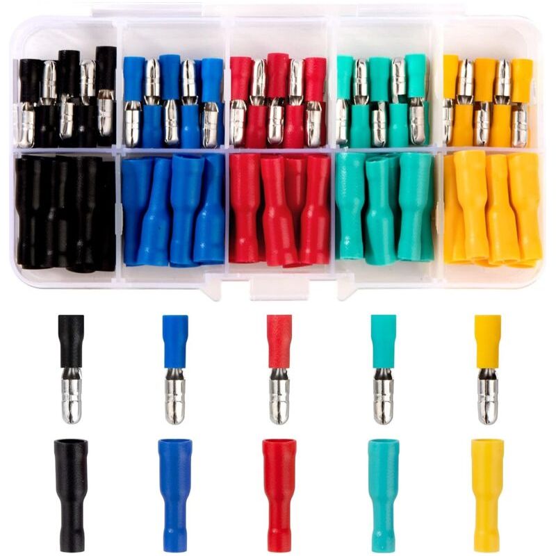 – 100 Isolierte Kabelschuhe – 22–16 Awg Crimpverbinder (stecker Und Buchse) – Hochwertiges Kupfer Und Pvc – Für Kfz- Und Audioverkabelung