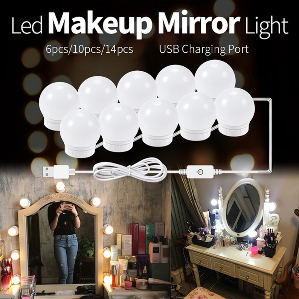 Led-schminkspiegelbeleuchtungsset Mit 14 Dimmbaren Lampen Für Den Schminktisch Im Ankleidezimmer, Inklusive Led-streifen, Einziehbarem Kabel Und Usb-netzteil (weiß).