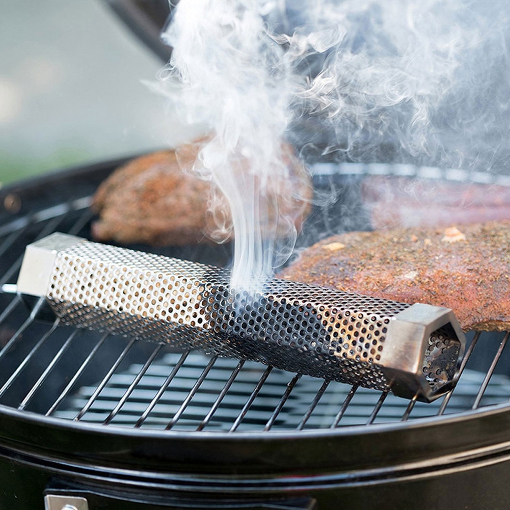 Sechseckiges Pellet-räucherrohr Aus Edelstahl 304 Für Außengrill/smoker, Maschenweite 30,5 Cm, Mit 2 Haken Und 1 Silberner Bürste