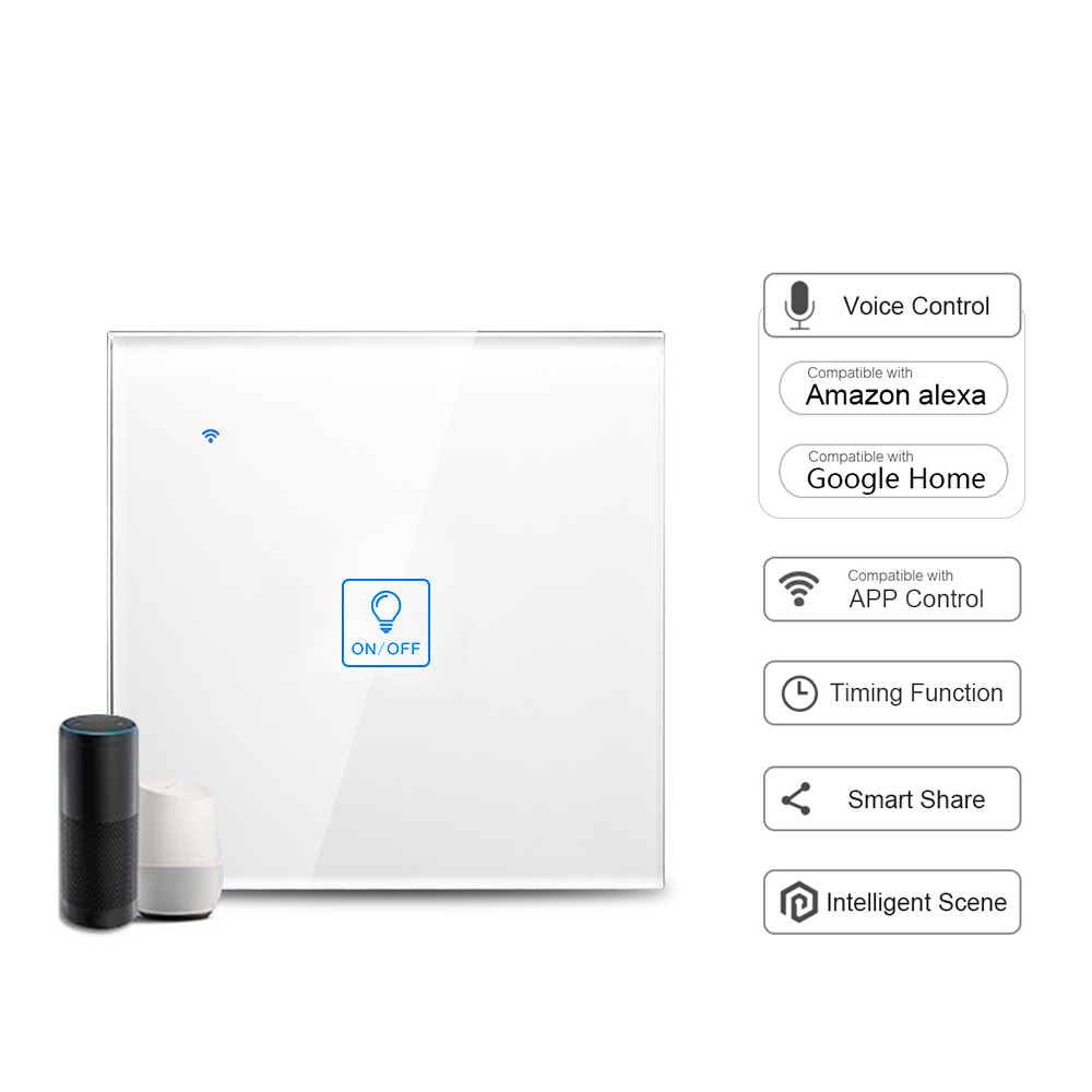 Wlan-fähiger Touch-wandschalter, Glasfront, Alexa-sprachsteuerung, Smart-home-app, Timer, Teilen-funktion, 1-fach, Weiß