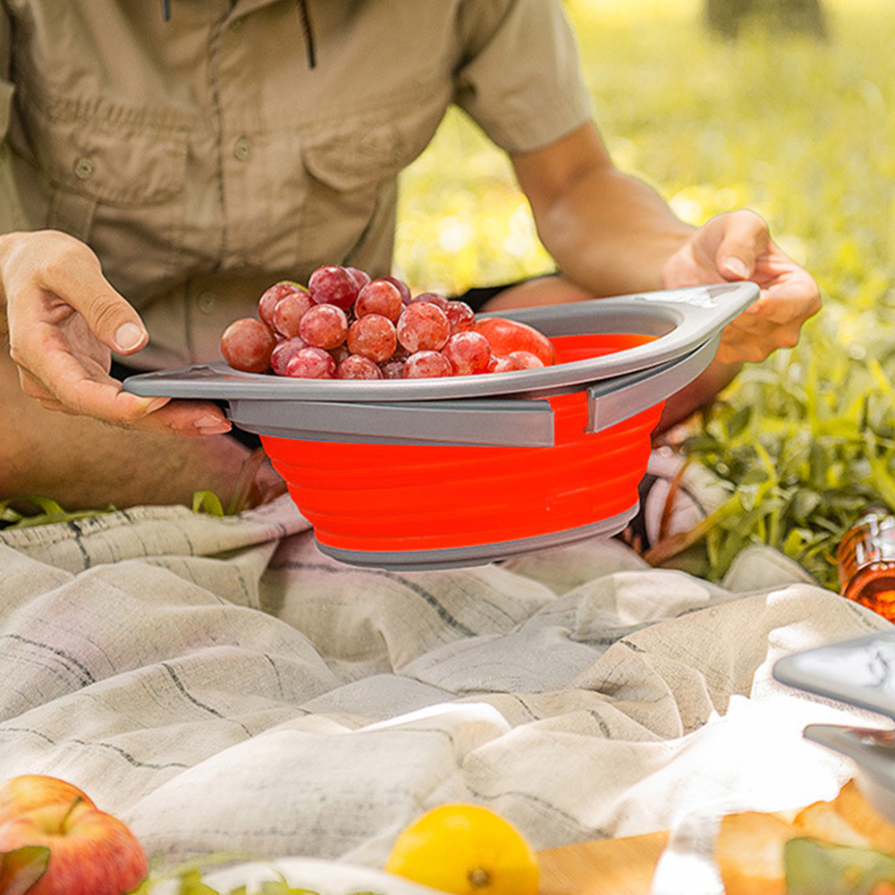 Tragbarer, Zusammenklappbarer Salatkorb Aus Silikon, Abtropfkorb Für Gemüse Und Obst Mit Griff, Grau Und Rot
