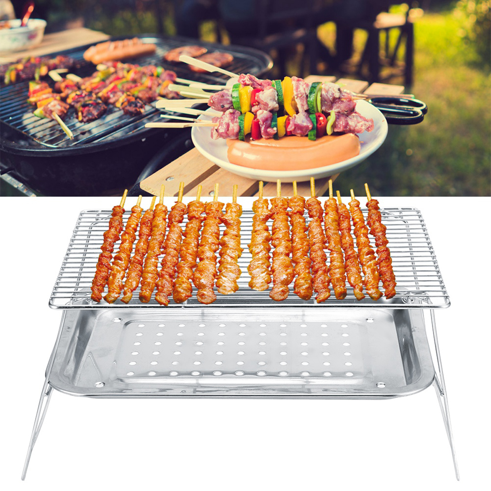 Set Mit 3 Faltbaren, Tragbaren Edelstahl-grills Inklusive Ablage Und Grillzange, Silberfarben, 31 X 21 X 17,5 Cm