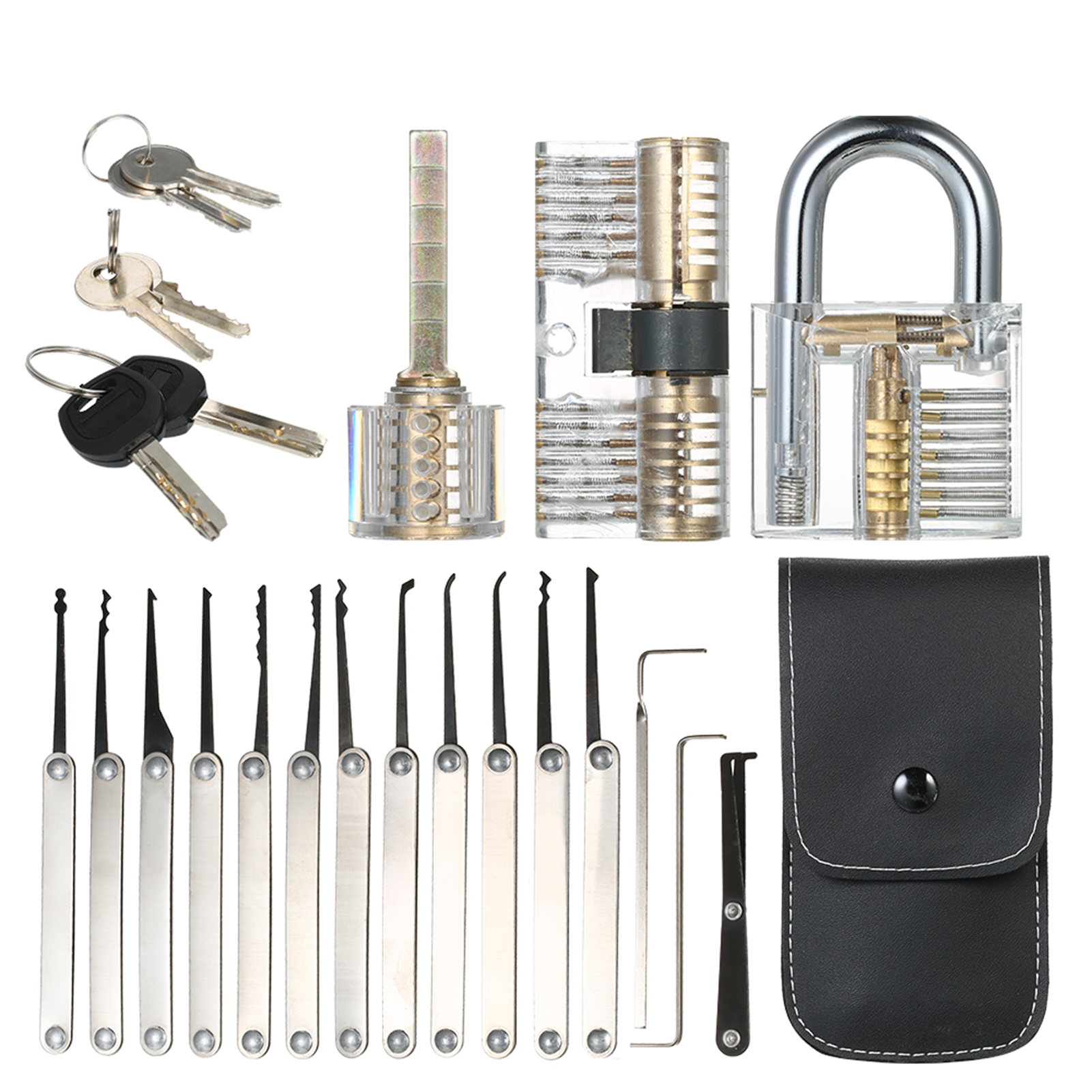 Ein 15-teiliges Schlossknacker-set Mit Drei Transparenten Übungsschlössern Für Anfänger Und Profis Im Schlosserhandwerk.