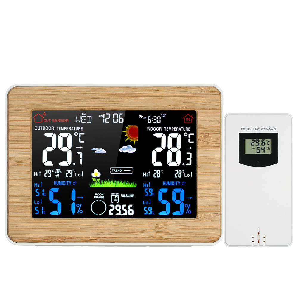 Fanju Drahtlose Farb-lcd-wetterstation Mit Wecker, Innen- Und Außenthermometer, Hygrometer Und Barometer, Mondphasenanzeige Und Schlummerfunktion