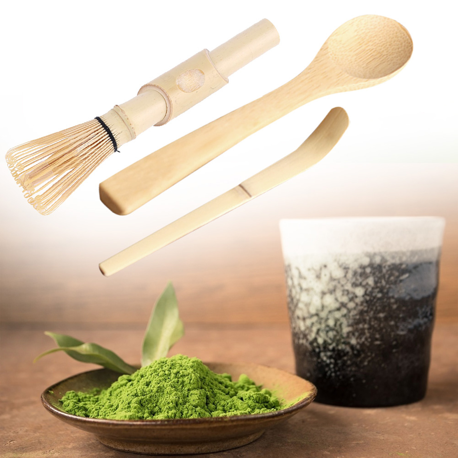 3-teiliges Matcha-set Aus Bambus: Matcha-tee-set, Gebogener Bambuslöffel, Chashaku-teelöffel