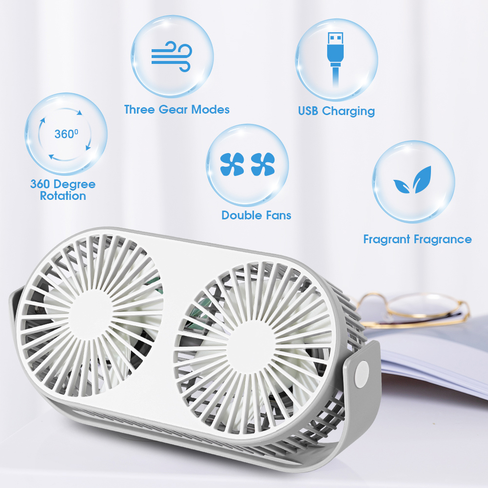 Doppelköpfiger Usb-tischventilator Mit 3 Geschwindigkeitsstufen, Extrem Leise, 360°-rotation (auf Und Ab) – Ideal Für Den Heimgebrauch