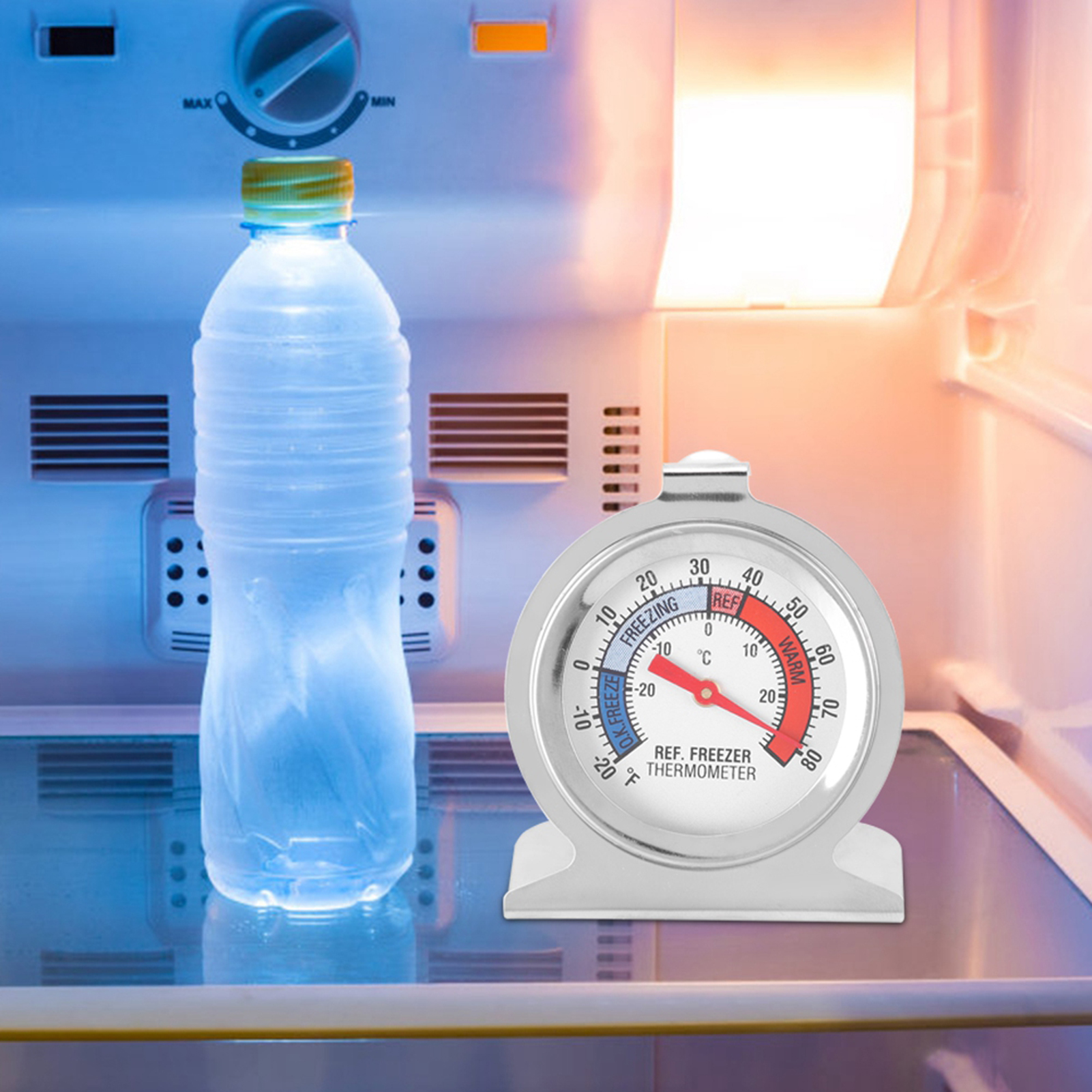 Kühlschrank-/gefrierschrankthermometer Aus Edelstahl Mit Großem Zifferblatt, Temperaturanzeige, Batterielos, -30 Bis 30 °c, Sockel 62 X 35 Mm, 75 Mm