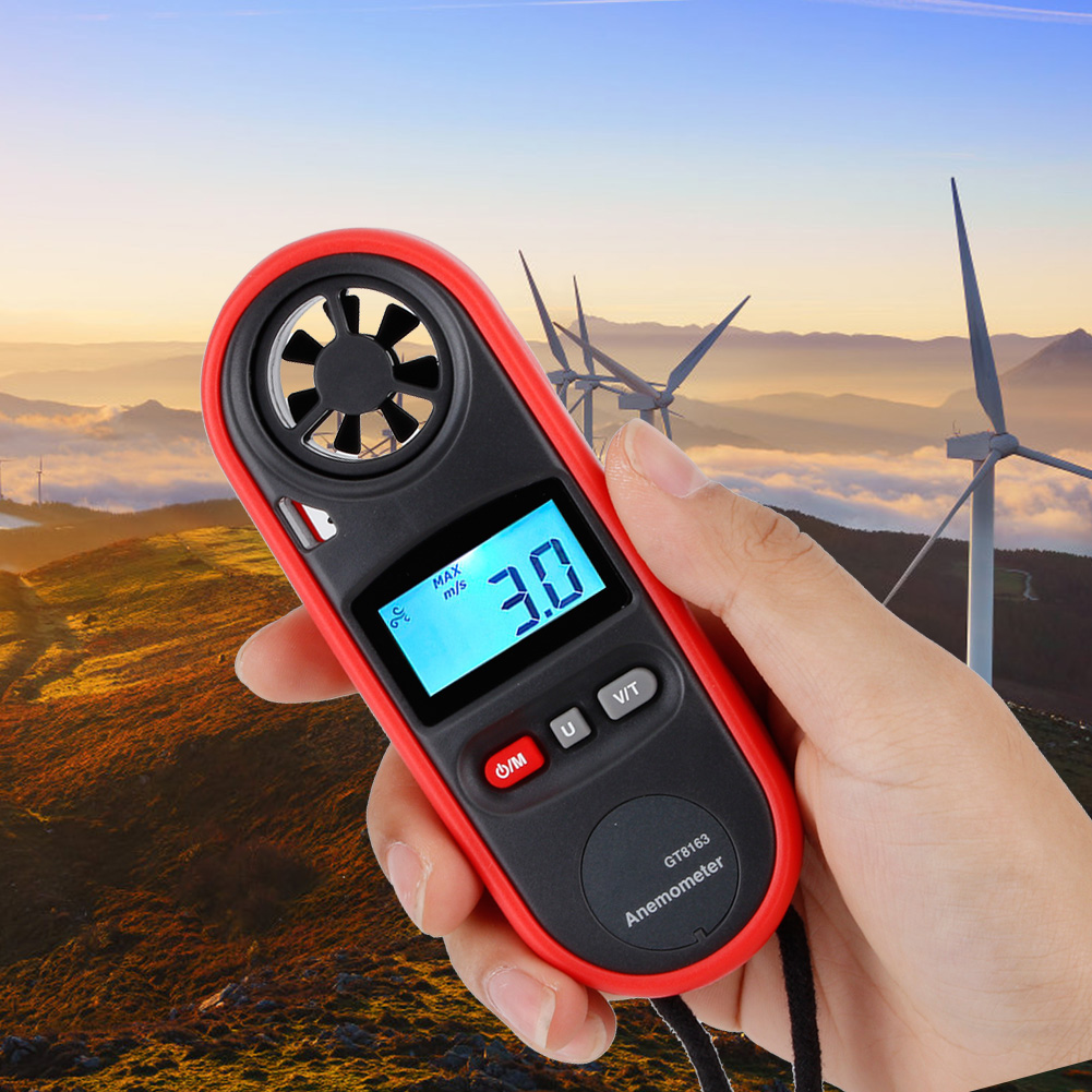 Tragbares Digitales Anemometer Gt8163 Mit Lcd-display, Wind- Und Temperaturmessung, 0,3–30 M/s, -10 Bis 45 °c, 12,5 X 4,7 X 2 Cm, Kunststoff, Für Zuhause, Werkstatt Und Angeln