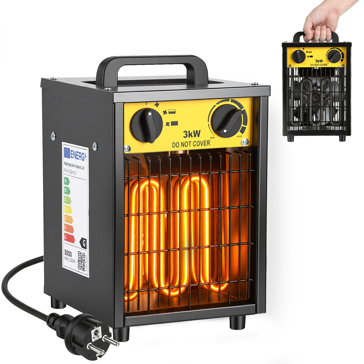 Jiubiaz Elektrischer Heizlüfter 3000 W, 3 Stufen, Thermostat Bis 105 °c, Bis Ca. 30 M², Schwarz Und Gelb