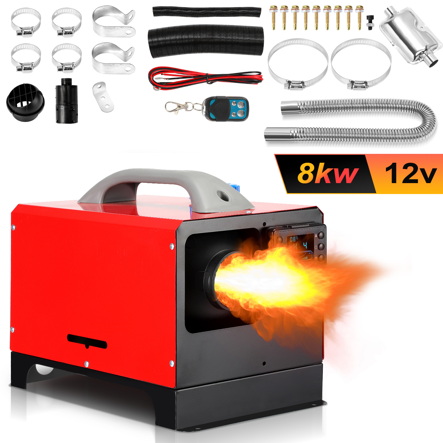 Jiubiaz Diesel Standheizung Luftheizung 12 V 8 Kw Horizontal, Dieselheizung Air Heater Lufterhitzer Mit Lcd & Fernbedienung Für Auto Lkw Wohnmobil Rot