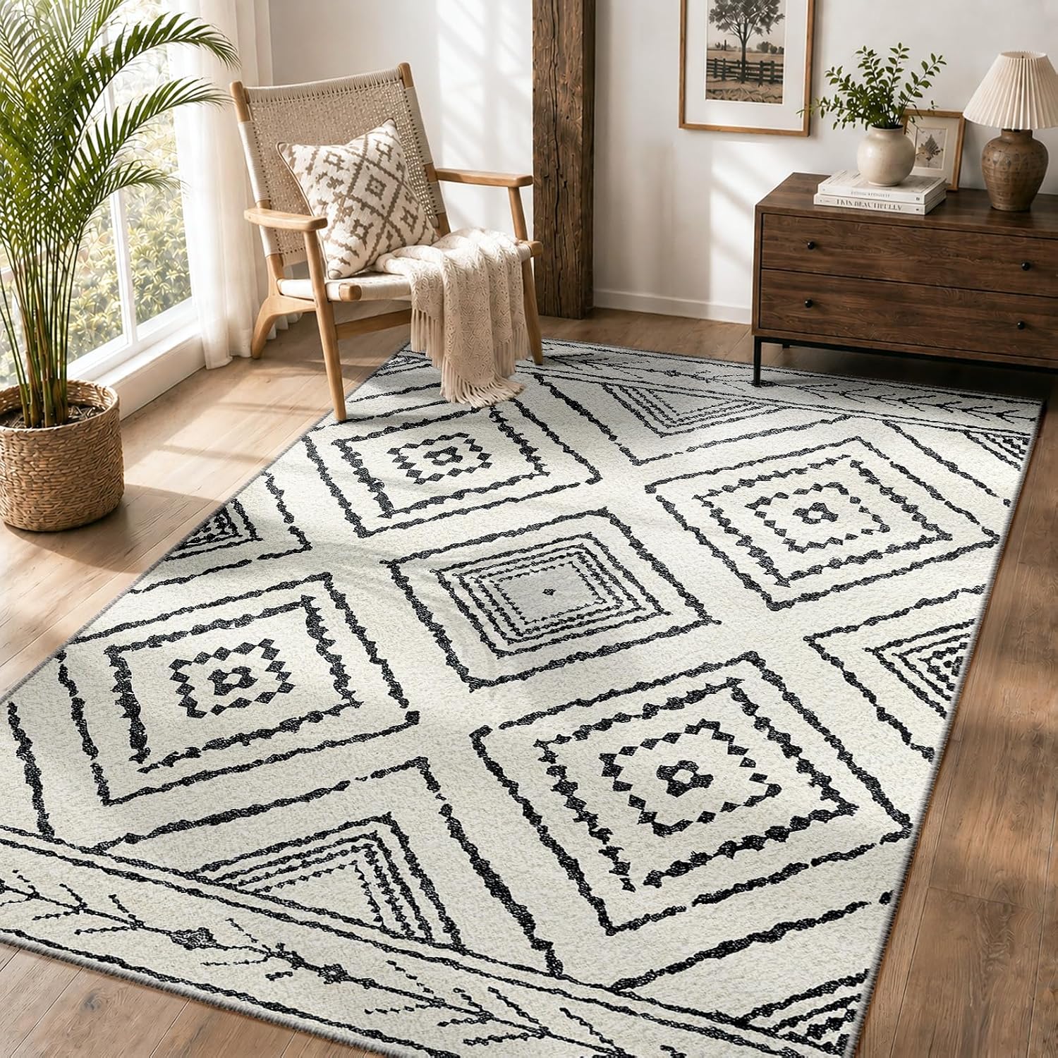 Jssevn - Maschinenwaschbarer Wohnzimmerteppich 120 X 180 Cm, Rutschfest, Marokkanischer Stil, Für Wohnzimmer, Flur, Schlafzimmer Und Küche, Schwarz-weiß