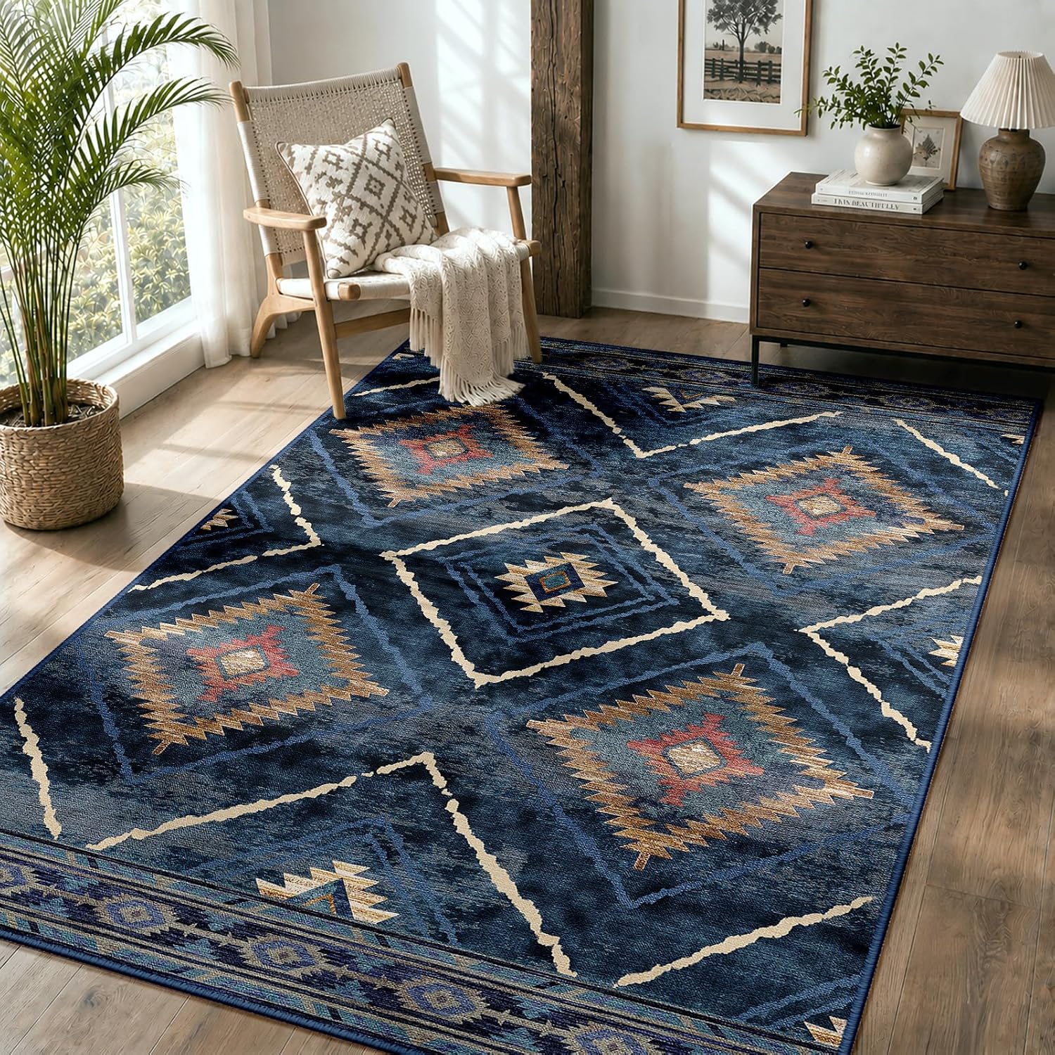 Jssevn - Maschinenwaschbarer Wohnzimmerteppich 120 X 180 Cm, Rutschfest, Marokkanischer Stil, Dunkelblau, Für Wohnzimmer, Flur, Schlafzimmer Und Küche