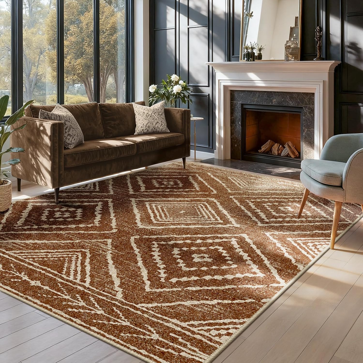 Jssevn - Maschinenwaschbarer Wohnzimmerteppich 120 X 180 Cm, Rutschfest, Marokkanischer Stil, Braun-gelb, Für Wohnzimmer, Flur, Schlafzimmer Und Küche