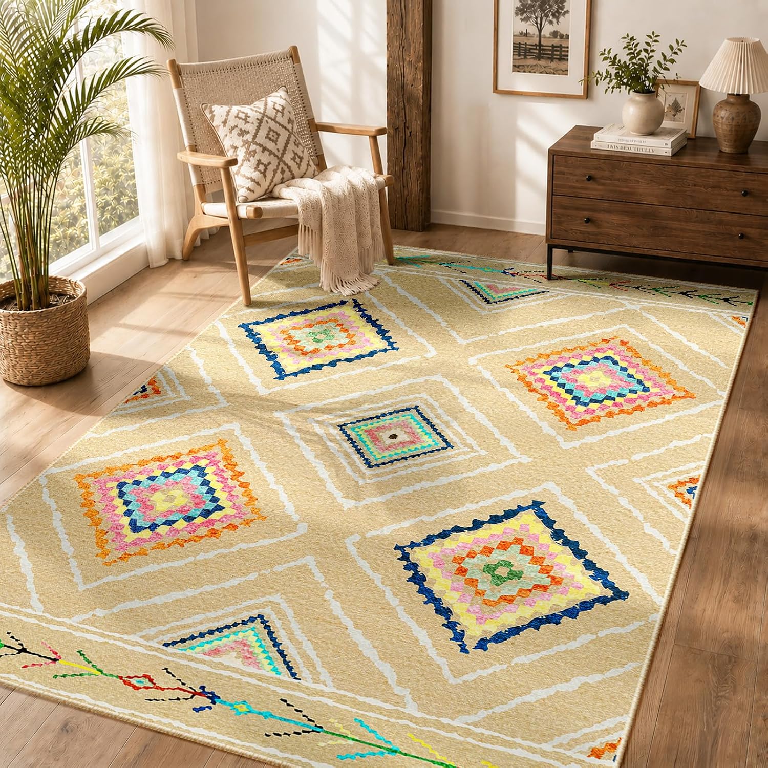 Jssevn - Maschinenwaschbarer Wohnzimmerteppich 120 X 180 Cm, Rutschfest, Marokkanischer Stil, Beige, Für Wohnzimmer, Flur, Schlafzimmer Und Küche