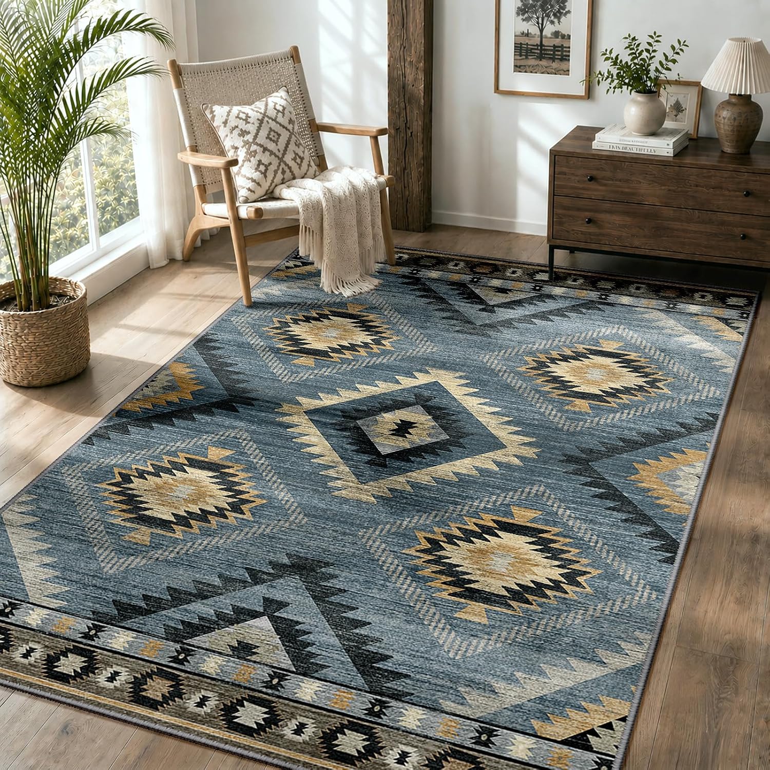 Jssevn - Maschinenwaschbarer Wohnzimmerteppich 120 X 180 Cm, Rutschfest, Marokkanischer Stil, Marineblau-grau, Für Wohnzimmer, Flur, Schlafzimmer Und Küche