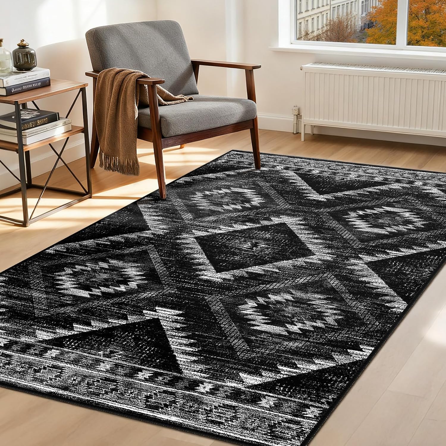 Jssevn - Maschinenwaschbarer Wohnzimmerteppich 120 X 180 Cm, Rutschfest, Marokkanischer Stil, Schwarz, Für Wohnzimmer, Flur, Schlafzimmer Und Küche