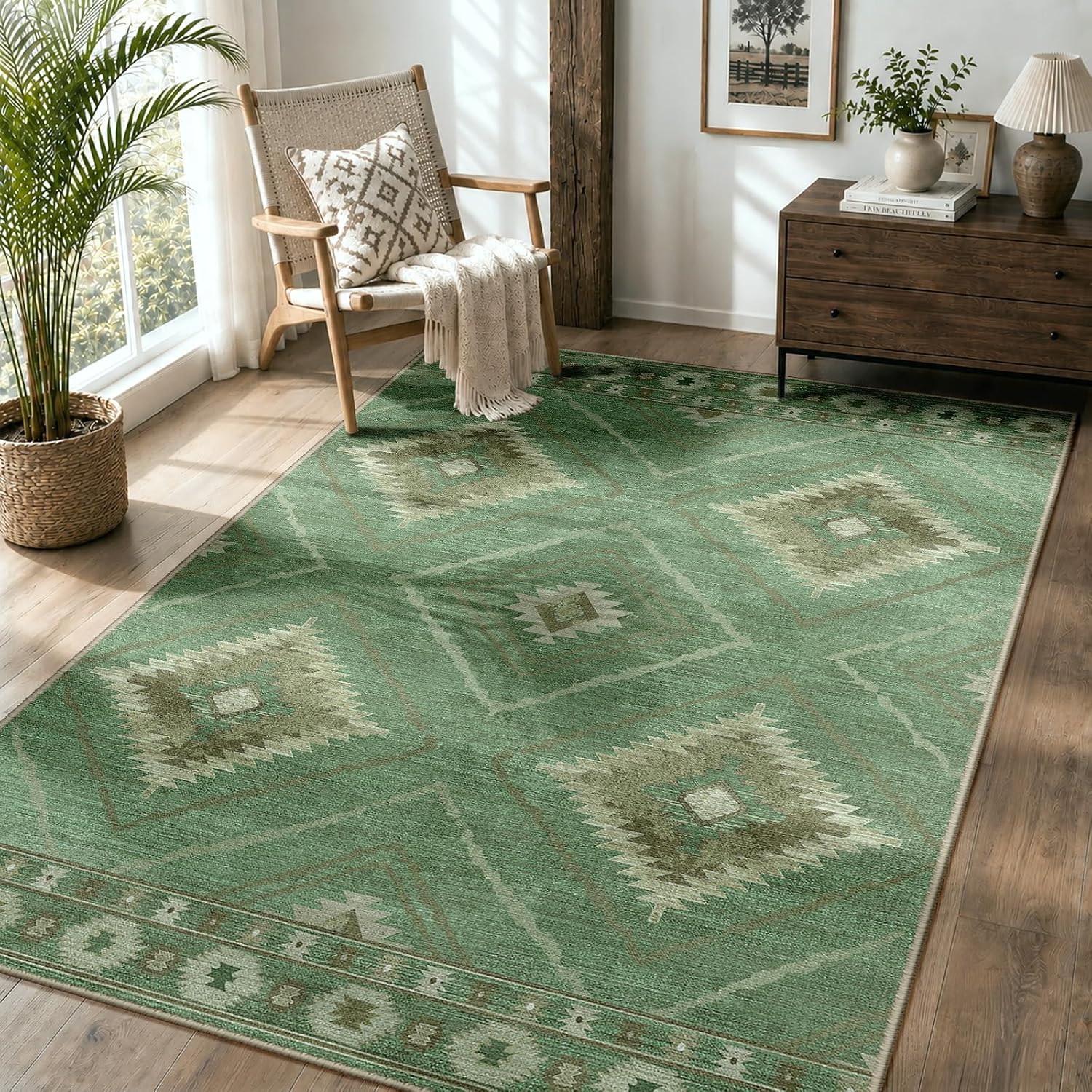 Jssevn - Maschinenwaschbarer Wohnzimmerteppich 120 X 180 Cm, Rutschfest, Marokkanischer Stil, Salbeigrün, Für Wohnzimmer, Flur, Schlafzimmer Und Küche