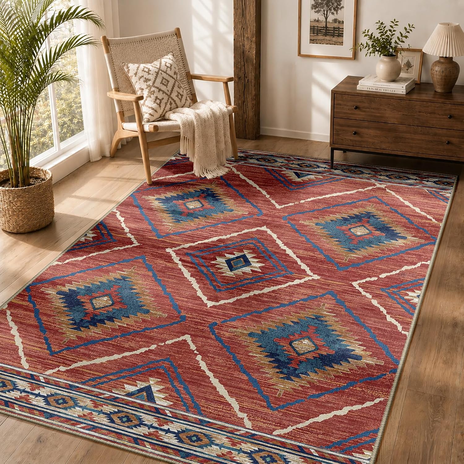 Jssevn - Maschinenwaschbarer Wohnzimmerteppich 120 X 180 Cm, Rutschfest, Marokkanischer Stil, Rot, Für Wohnzimmer, Flur, Schlafzimmer Und Küche