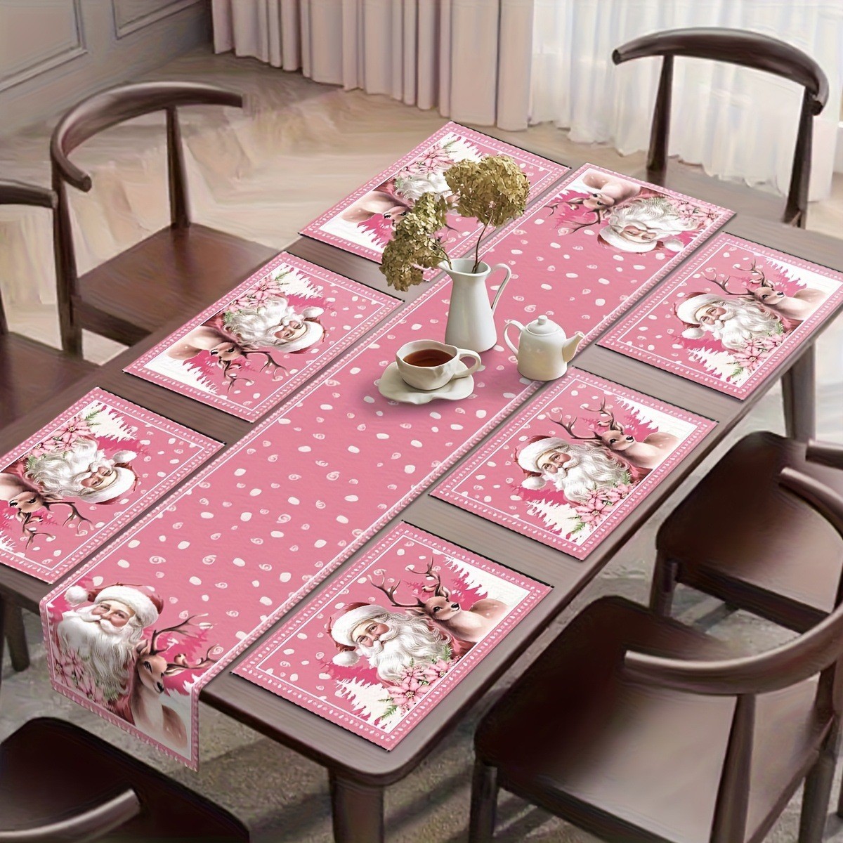 Jssevn - Rosa Tischläufer Für Weihnachten, Stoff-platzsets Mit Weihnachtsmannmotiv, Weihnachts-platzsets Für Küche, Zuhause, Esszimmerdekoration, Rosa Weihnachtstischdeko