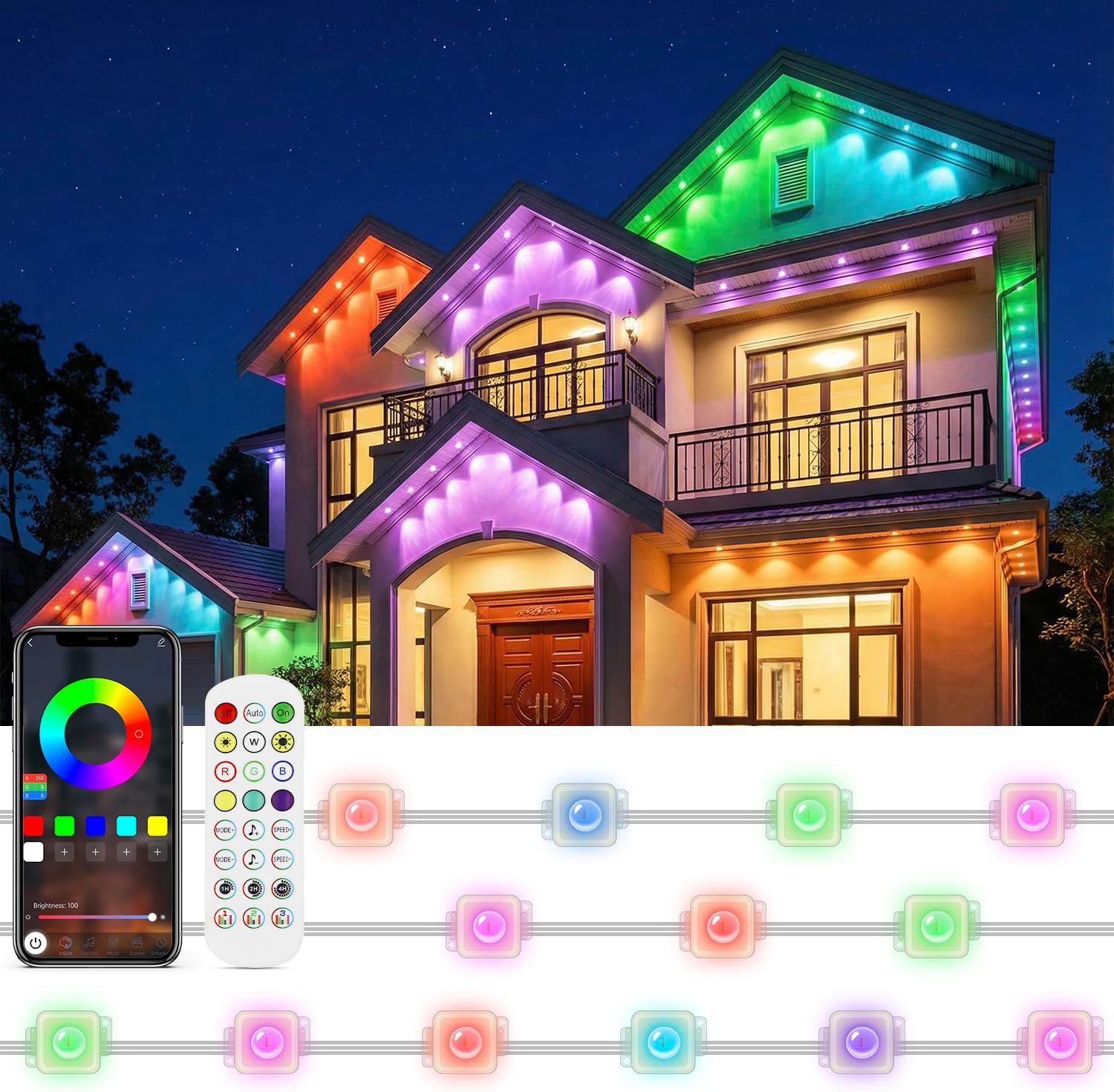 Jssevn - 15 M Lange Rgb-lichterkette Für Den Außenbereich, Wasserdicht (ip65), Mit Fernbedienung, App Und Timer, Für Partys