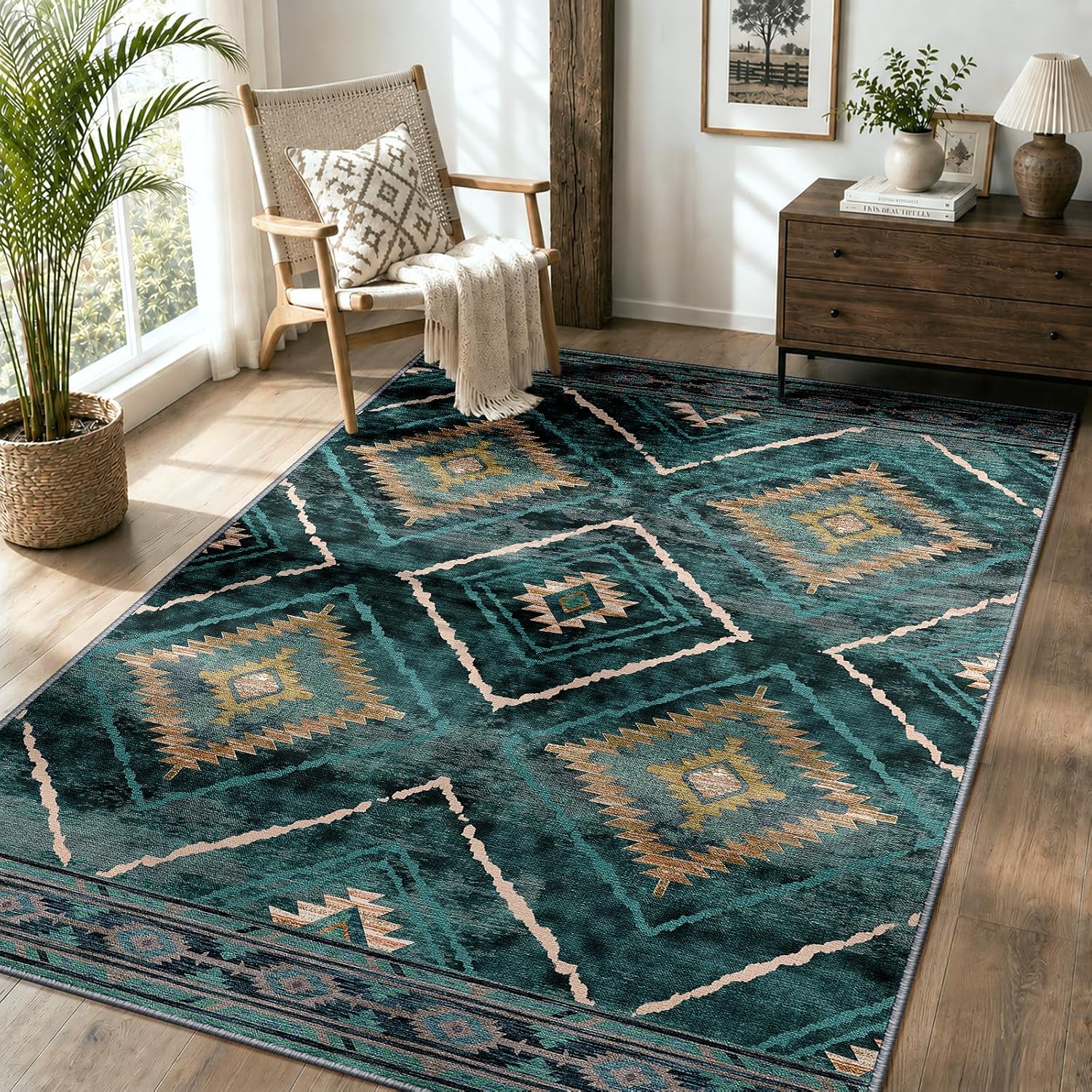 Jssevn - Maschinenwaschbarer Wohnzimmerteppich 120 X 180 Cm, Rutschfest, Marokkanischer Stil, Für Wohnzimmer, Eingangsbereich, Schlafzimmer Und Küche, Türkisblau
