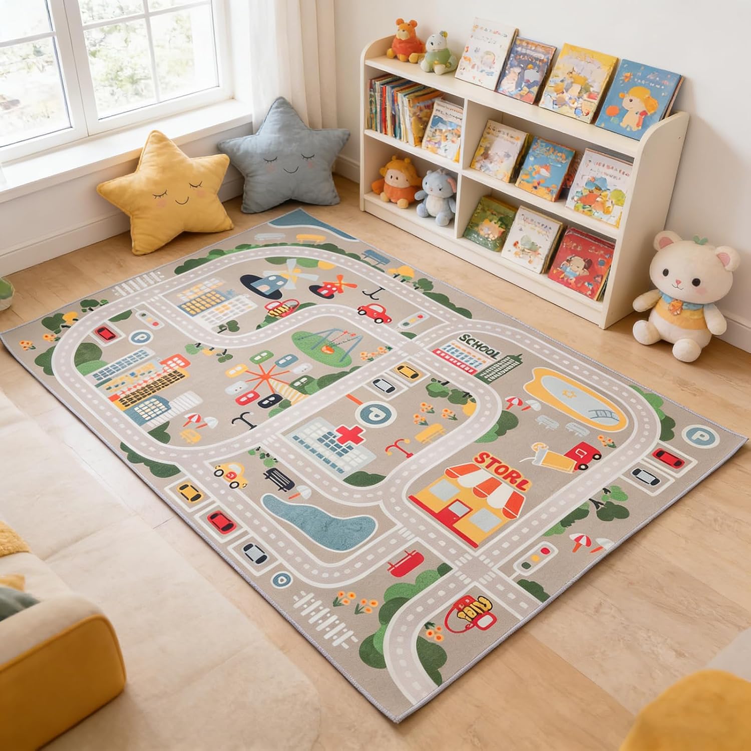 Jssevn - Kinderteppich, Spielmatte, Straßenbahn, Tierwelt, Blau, Grün, Grau, 140 X 200 Cm