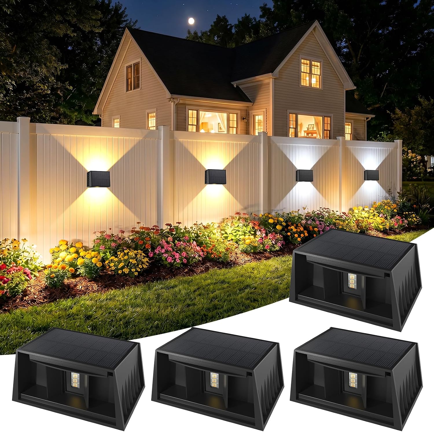 Jssevn - 4 Solar-wandleuchten, Rgb Mit Warmweiß Und Kaltweiß, Nach Oben Und Unten Gerichtete Beleuchtung, Ip65, Solarlampe Für Garten, Terrasse, Zaun, Treppe