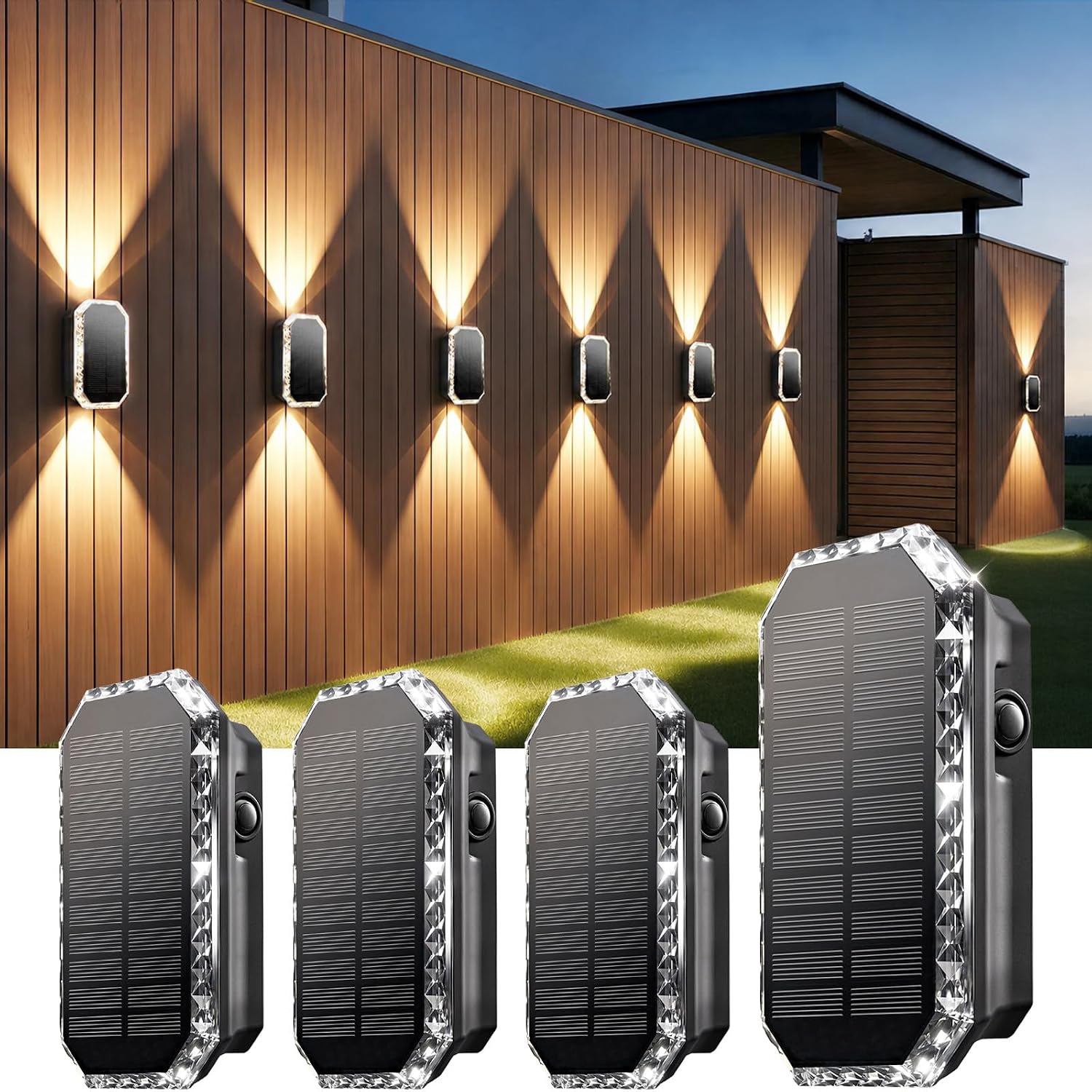 Jssevn - Solar-wandleuchte, 4 Solar-wandleuchten Für Den Außenbereich (nach Oben Und Unten Gerichtet), Solar-wandleuchte Mit 3 Leuchtmodi, Ip65 Wasserdichte Solarleuchte Für Garten, Zaun Und Terrasse