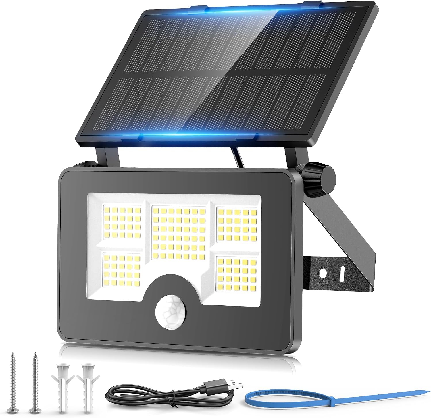 Jssevn - Wiederaufladbare Solarleuchte Für Den Außenbereich Mit Bewegungsmelder, 122 Leds, 4 Leuchtmodi, 2200 Mah Akku, Wasserdicht (ip65) Für Garten Und Garage