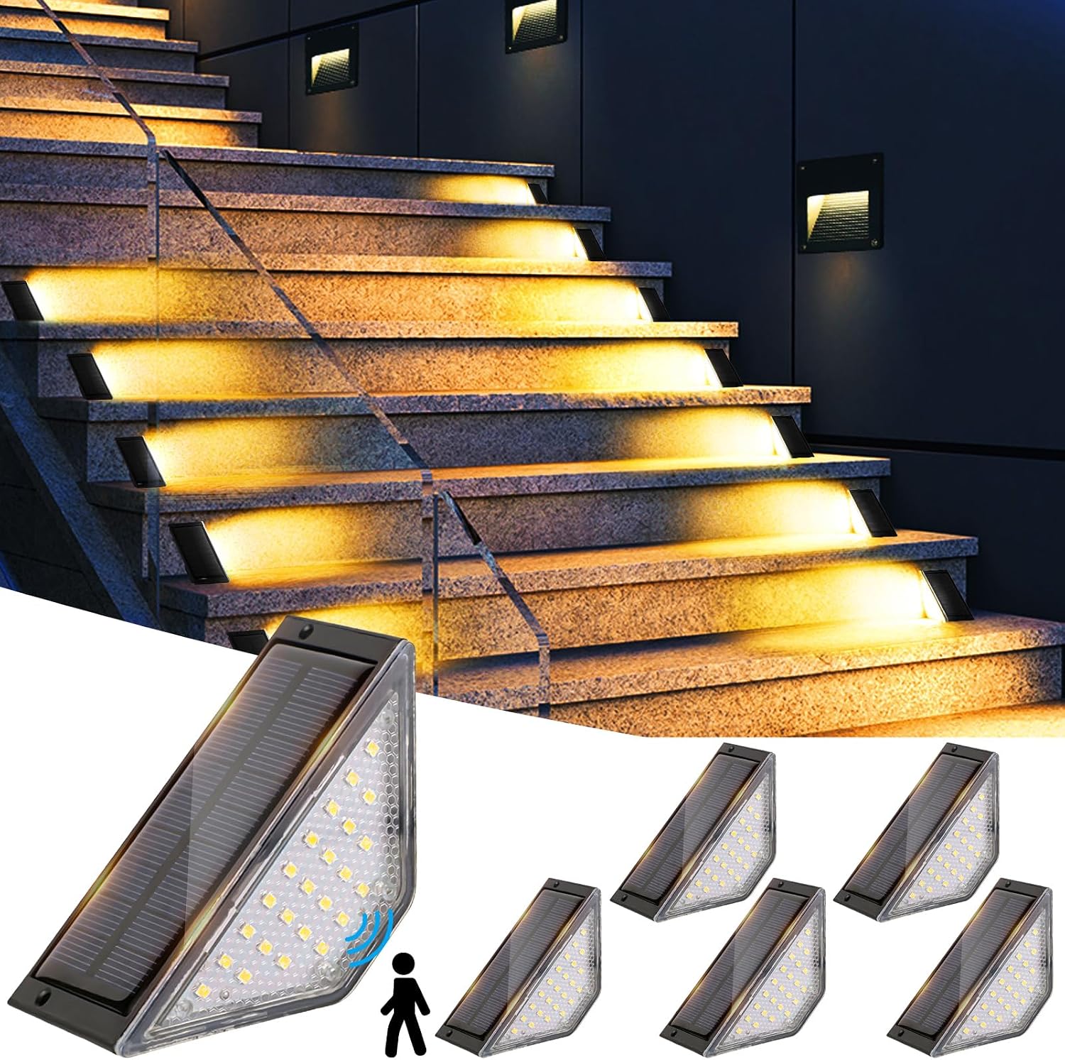 Jssevn - Solar-treppenleuchten, 6-teiliges Led-solar-außenleuchten-set, Ip67 Wasserdichte Solar-gartenleuchten Für Treppen, Stufen, Terrasse Und Deck