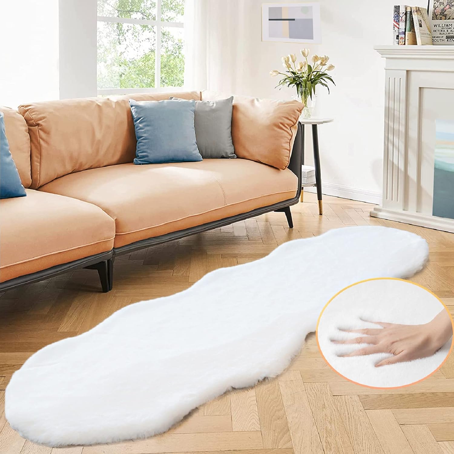 Jssevn - Weißer Schlafzimmerteppich 60 X 200 Cm, Waschbar, Kunstfell-bettvorleger, Weicher Wohnzimmerteppich, Kurzflorig, Grauer Flauschiger Läufer