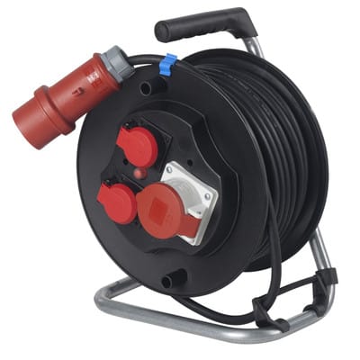 CEE-SicherheitsKabeltrommel 285mmØ 20mH07RN-F5G2,5 Gummikabel, 1 CEE-Dose 400V/16A,2 Dosen 230V,IP44