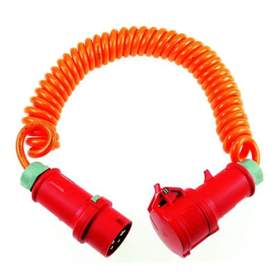 CEE Baustellen-Spiralkabel 5m H07BQ-F 5G1,5 orange dehnbar 1m auf 5m, CEE Stecker+Kupplung 400V/16A