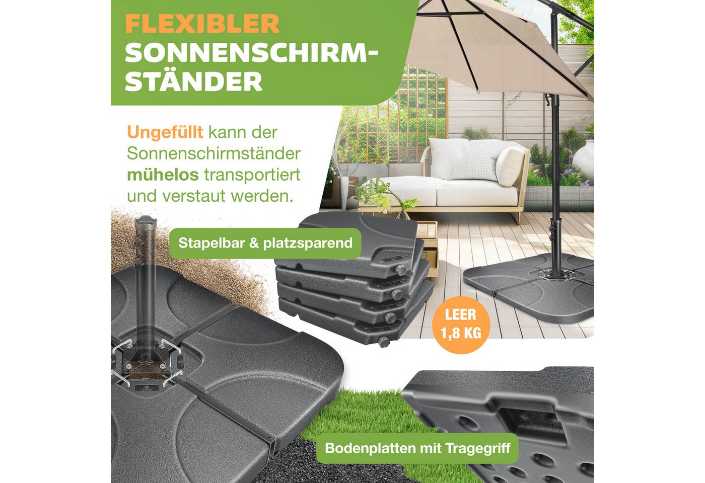 Kesser® Sonnenschirmständer 4-teilig, 60l/80kg, Für Ampelschirm - Anthrazit Bild 5