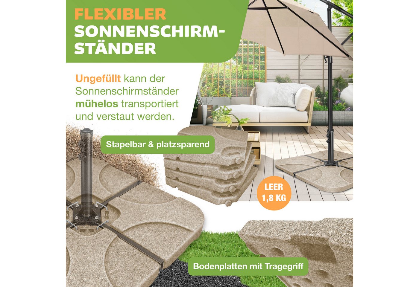 Kesser® Sonnenschirmständer 4-teilig, 60l/80kg, Für Ampelschirm - Marmor Bild 3