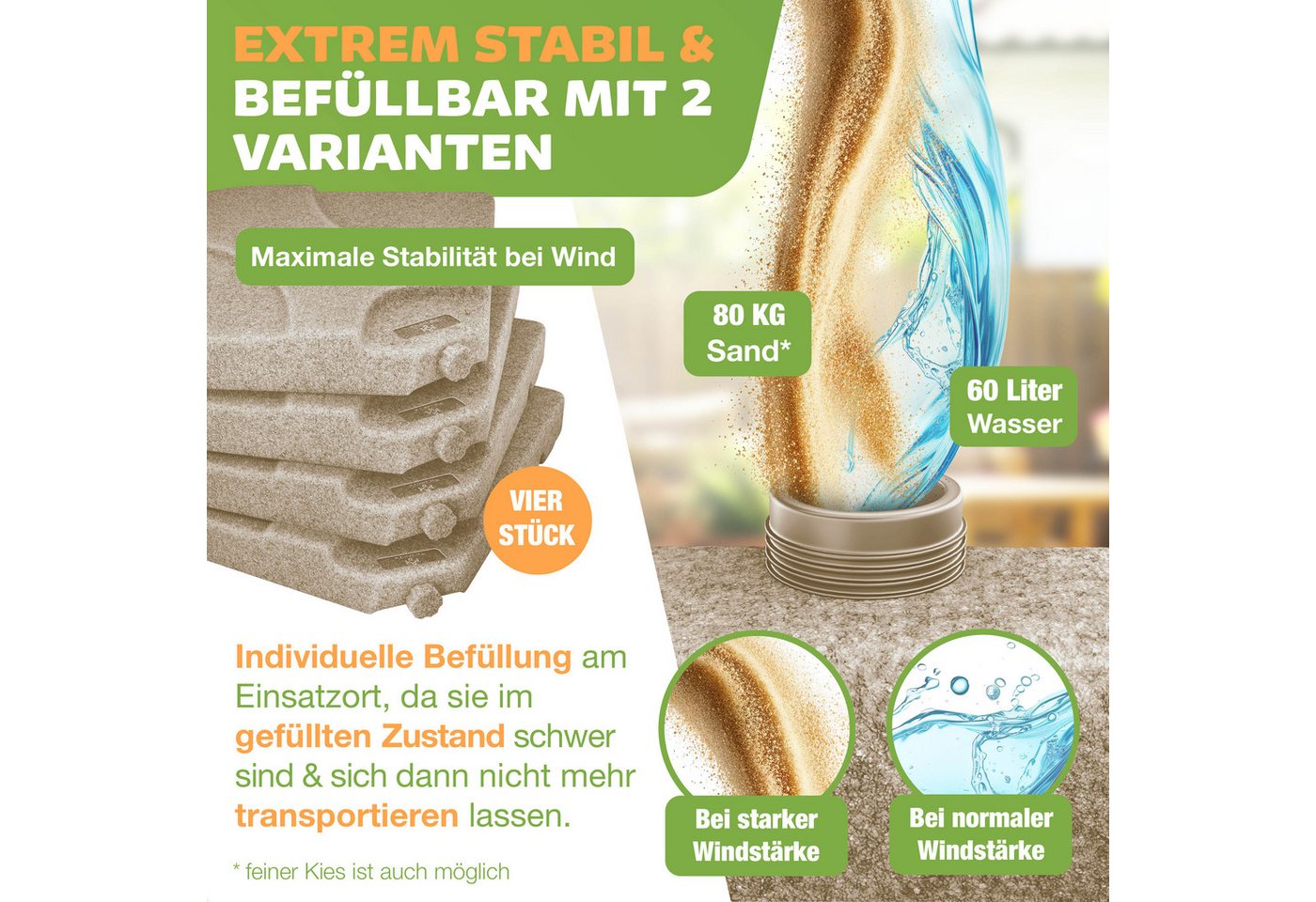 Kesser® Sonnenschirmständer 4-teilig, 60l/80kg, Für Ampelschirm - Marmor Bild 5