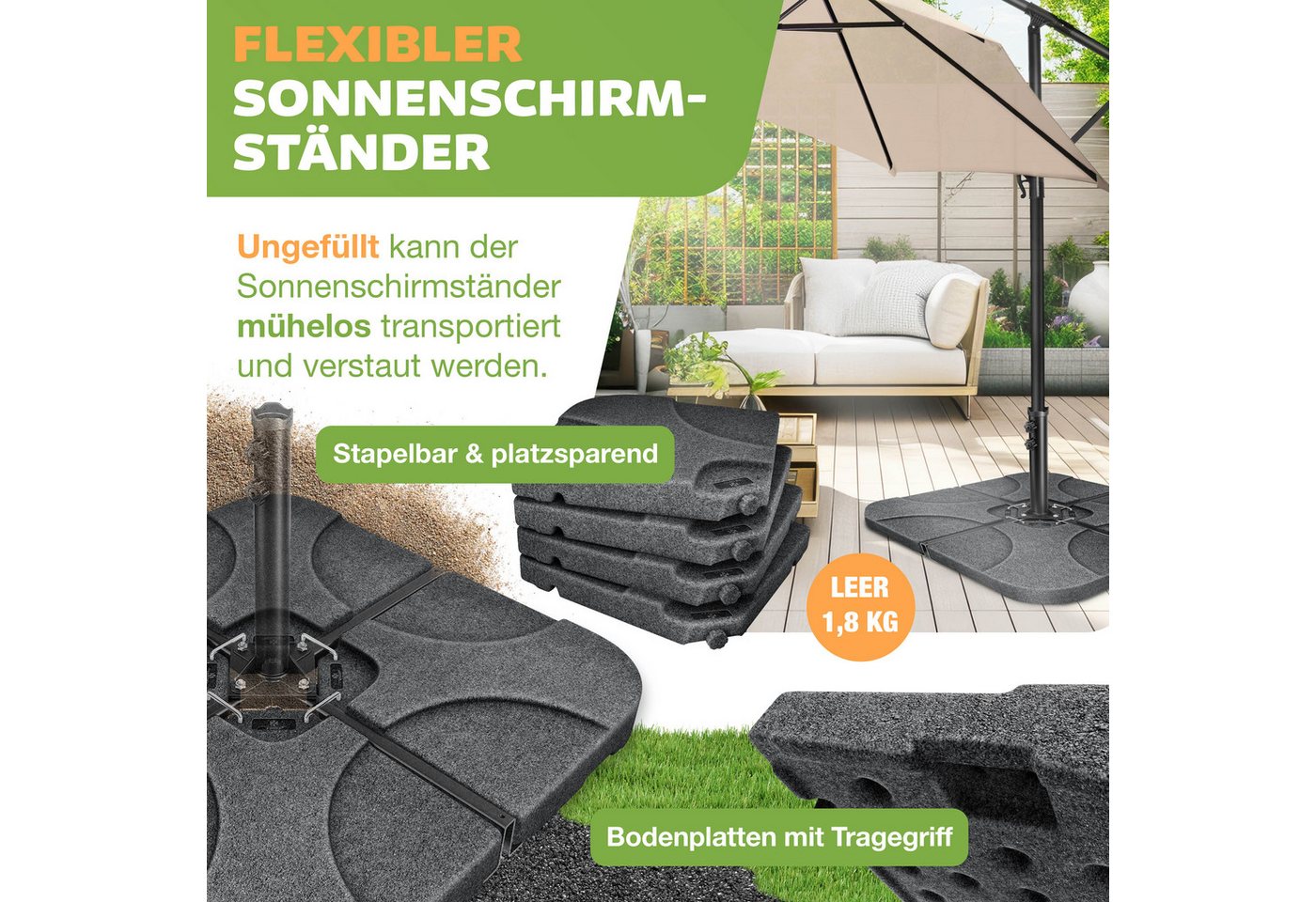 Kesser® Sonnenschirmständer 4-teilig, 60l/80kg, Für Ampelschirm - Anthrazit / Marmor