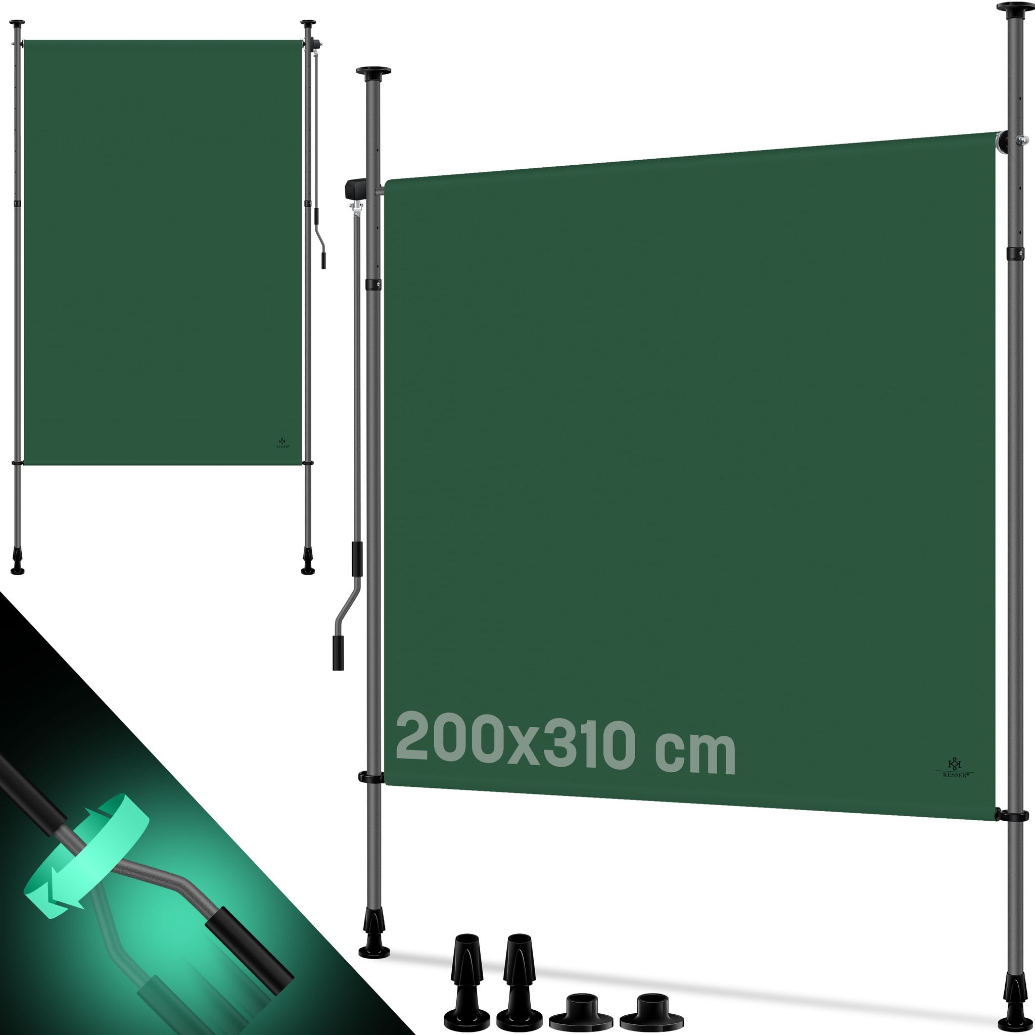 Kesser® Klemmmarkise Senkrechtmarkise Außen Ausziehbar & Blickdicht - Dunkelgrün, 200x310 Cm