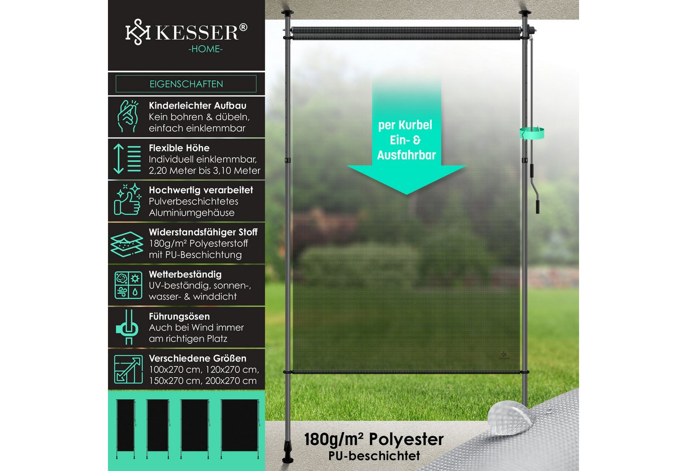 Kesser® Klemmmarkise Senkrechtmarkise Außen Ausziehbar & Blickdicht - 150x310 Cm, Anthrazit Bild 2