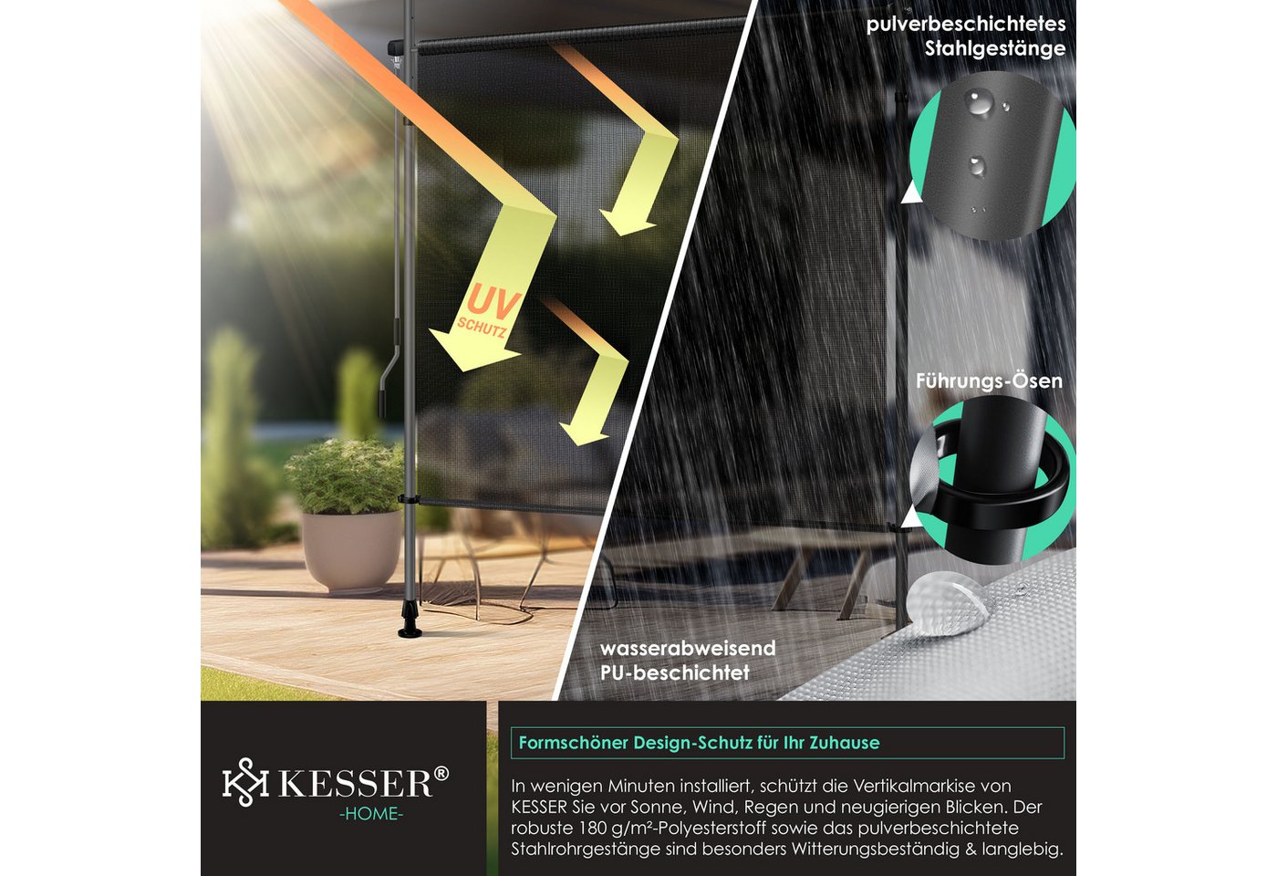 Kesser® Klemmmarkise Senkrechtmarkise Außen Ausziehbar & Blickdicht - 150x310 Cm, Anthrazit Bild 4