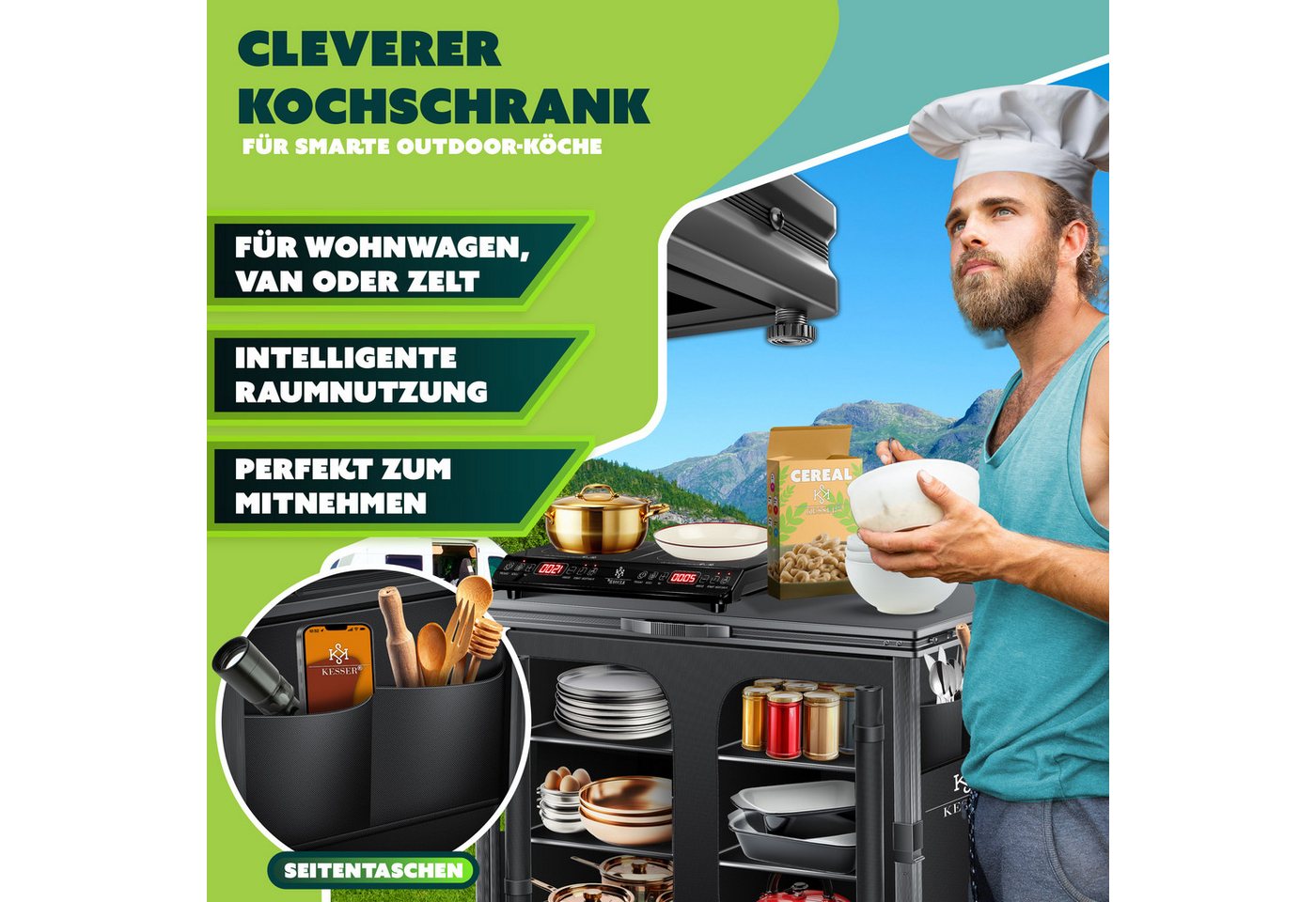 Kesser® Camping Küche Faltbar Outdoor Campingschrank, Aluminiumgestell – 6 Fachböden Bild 5